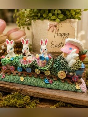 Vintage Nobel Hall Handpainted Bunny Train Figurine Easter Decor 4x2”